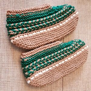 Handmade Knit Slippers in Green and Tan